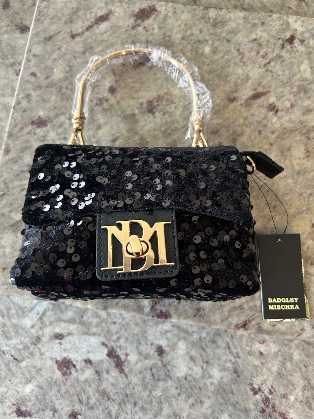 Badgley Mischka Black Sequin Top-Handle Mini Bag with Gold Hardware